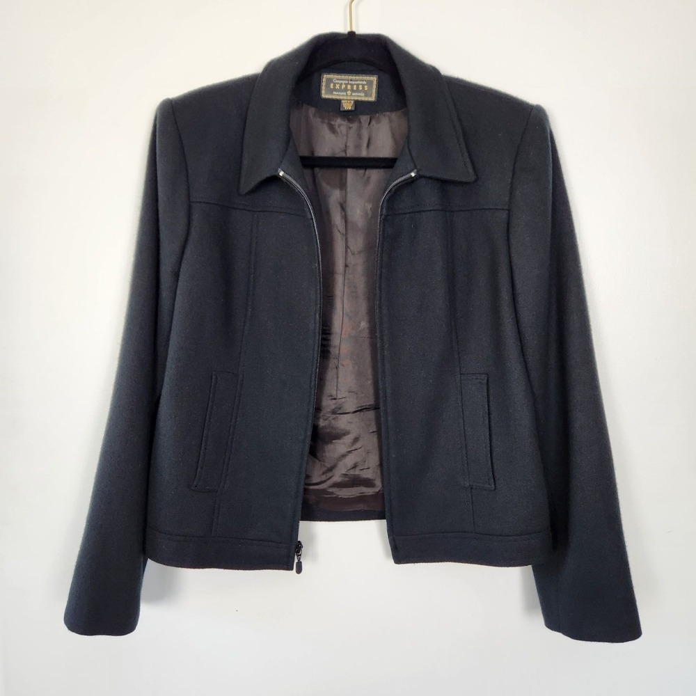 Vintage Express Women's Black 100% Wool Full Zip Up Jacket, Size 7/8, Beautiful